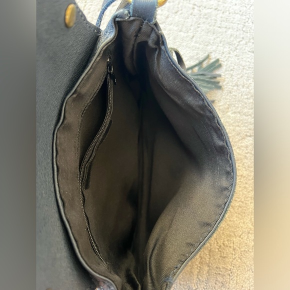 Borse in Pelle Genuine Italian Leather Navy Blue Fringe Boho Crossbody - Picture 7 of 9